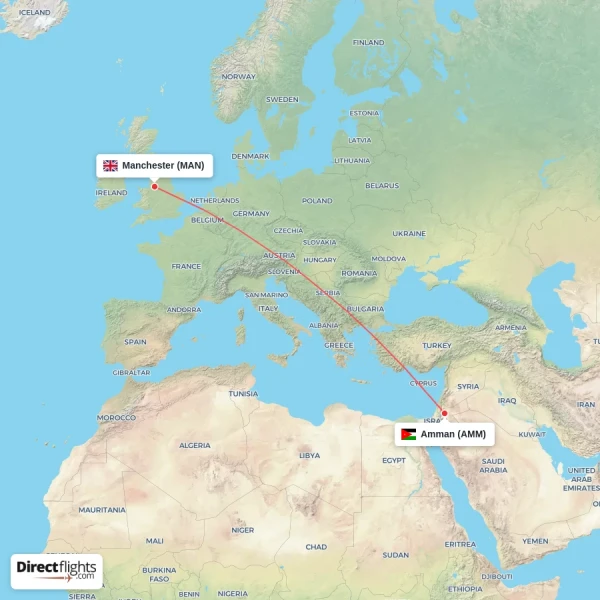 Manchester - Amman direct flight map