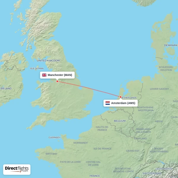 Manchester - Amsterdam direct flight map