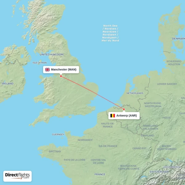 Manchester - Antwerp direct flight map