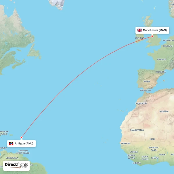 Manchester - Antigua direct flight map