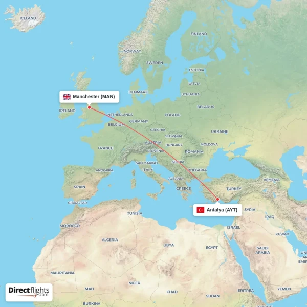 Manchester - Antalya direct flight map
