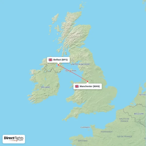 Manchester - Belfast direct flight map