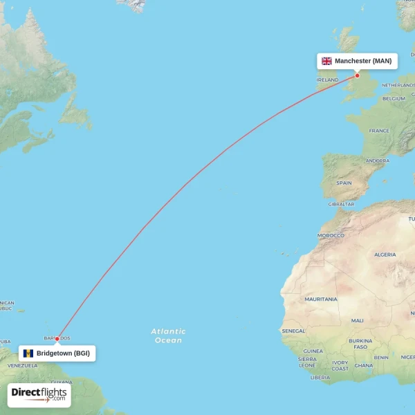 Manchester - Bridgetown direct flight map