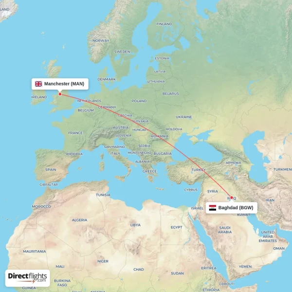 Manchester - Baghdad direct flight map