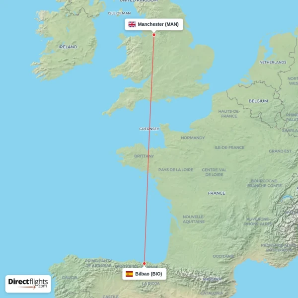 Manchester - Bilbao direct flight map