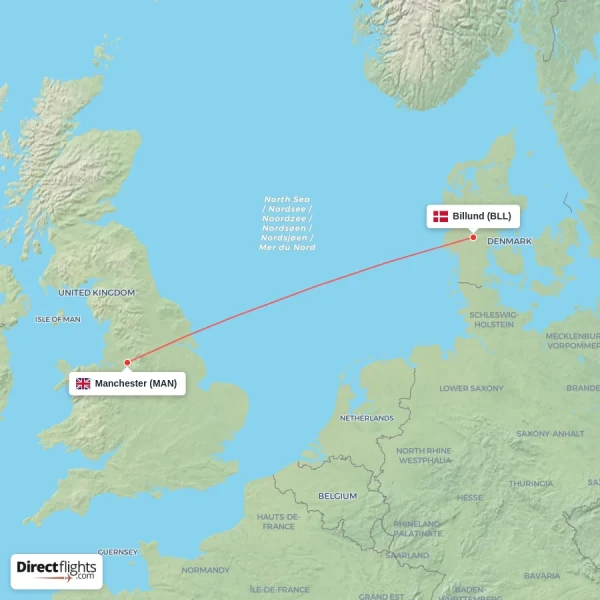 Manchester - Billund direct flight map