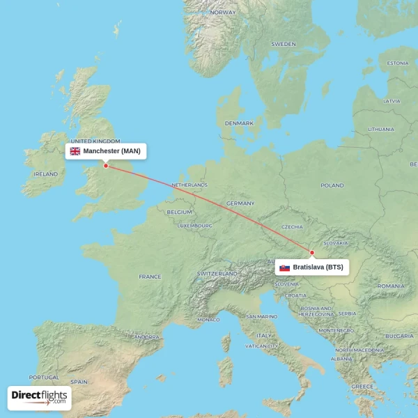Manchester - Bratislava direct flight map