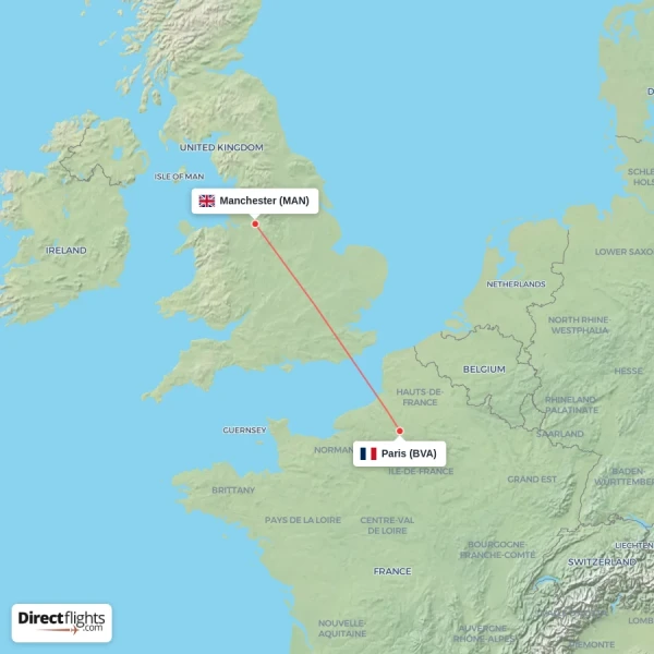 Manchester - Paris direct flight map