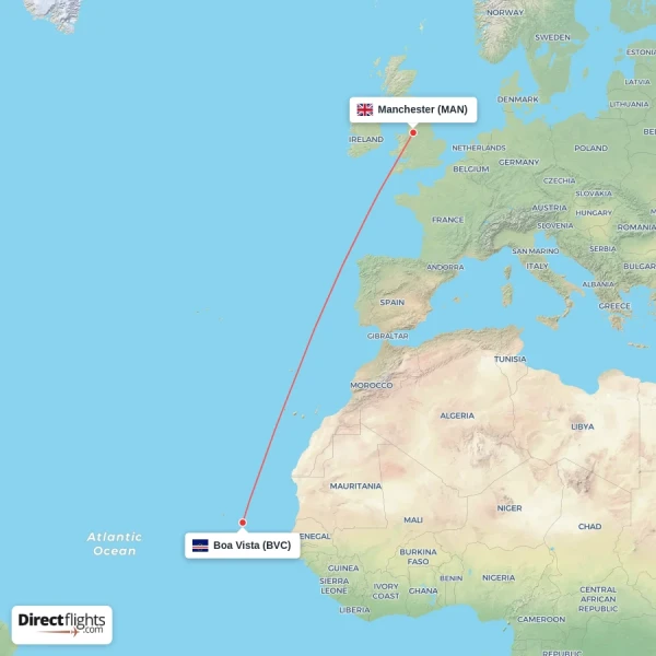 Manchester - Boa Vista direct flight map