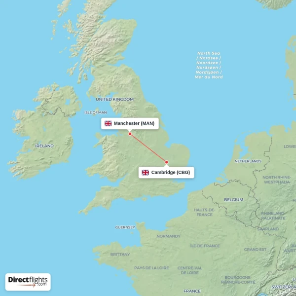 Manchester - Cambridge direct flight map