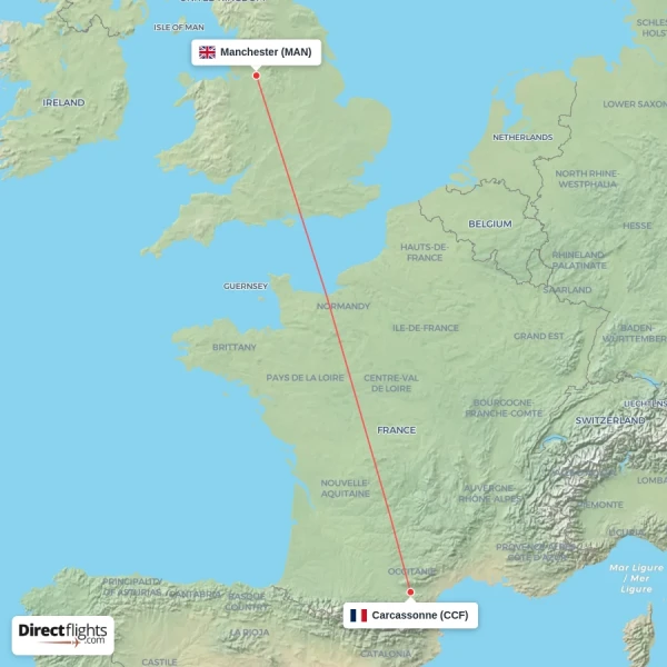 Manchester - Carcassonne direct flight map