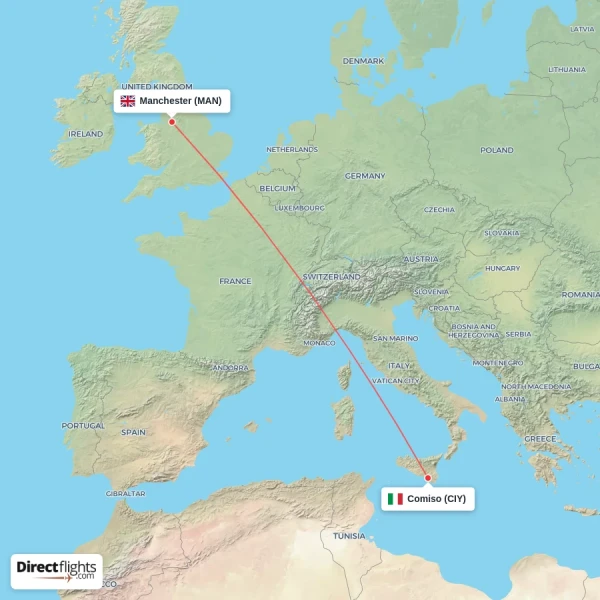 Manchester - Comiso direct flight map