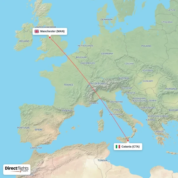 Manchester - Catania direct flight map