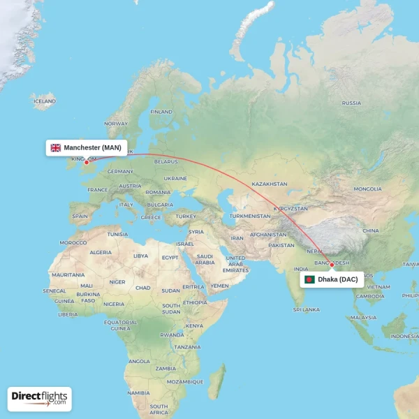 Manchester - Dhaka direct flight map