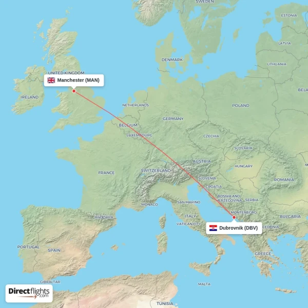 Manchester - Dubrovnik direct flight map