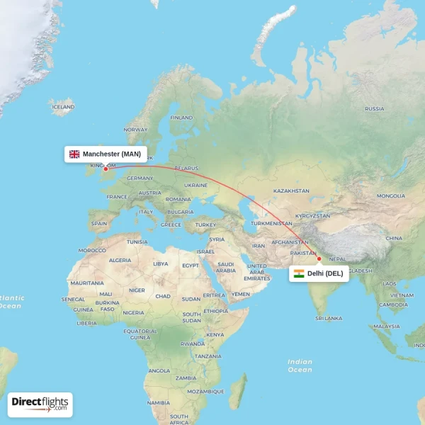 Manchester - Delhi direct flight map