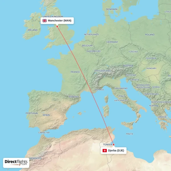 Manchester - Djerba direct flight map