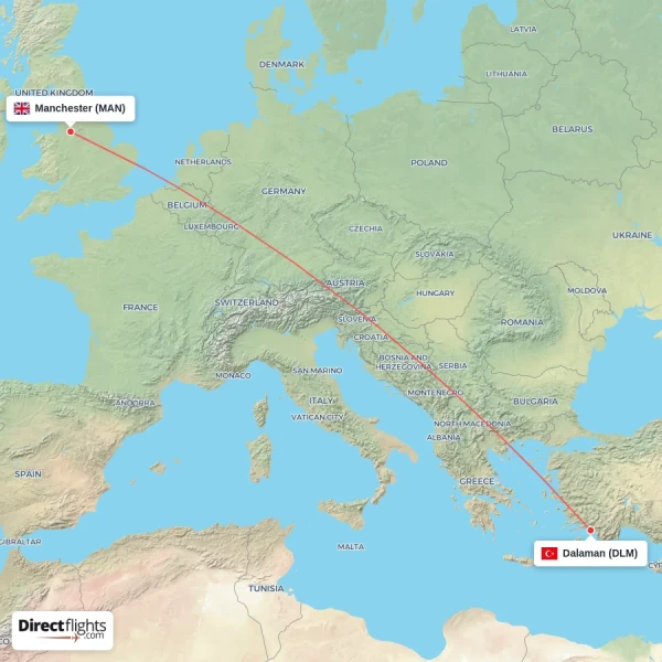 Manchester - Dalaman direct flight map