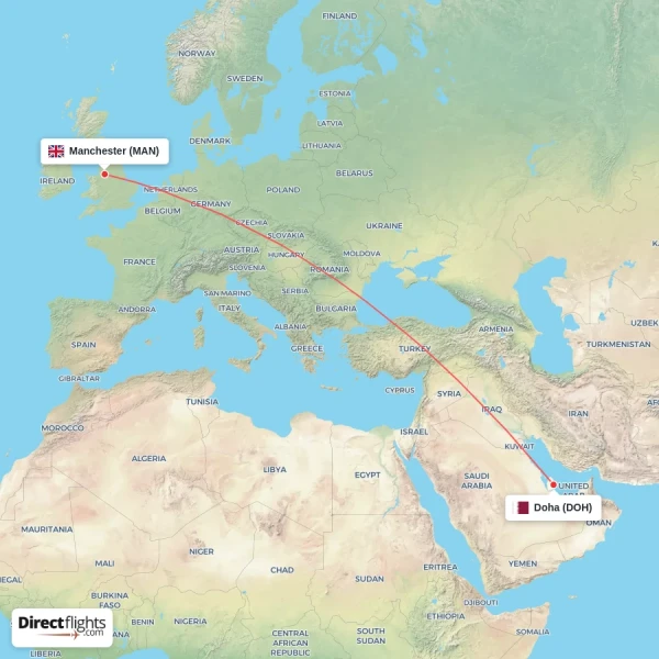 Manchester - Doha direct flight map