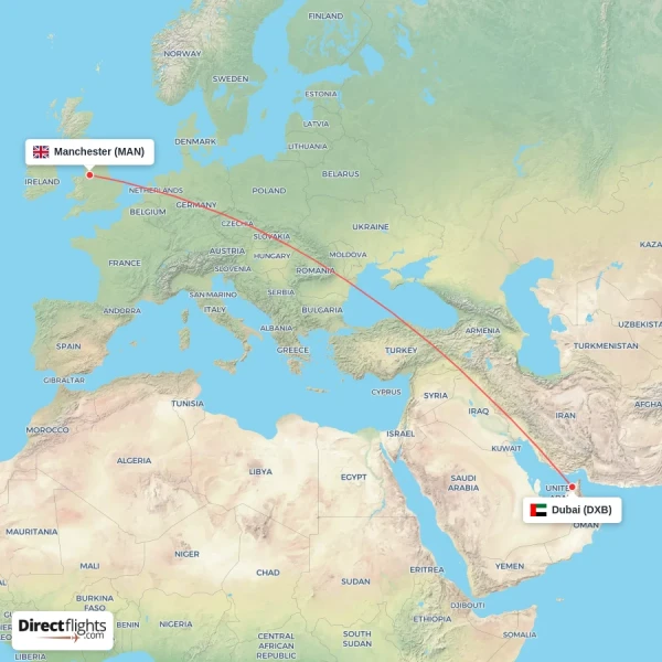 Manchester - Dubai direct flight map