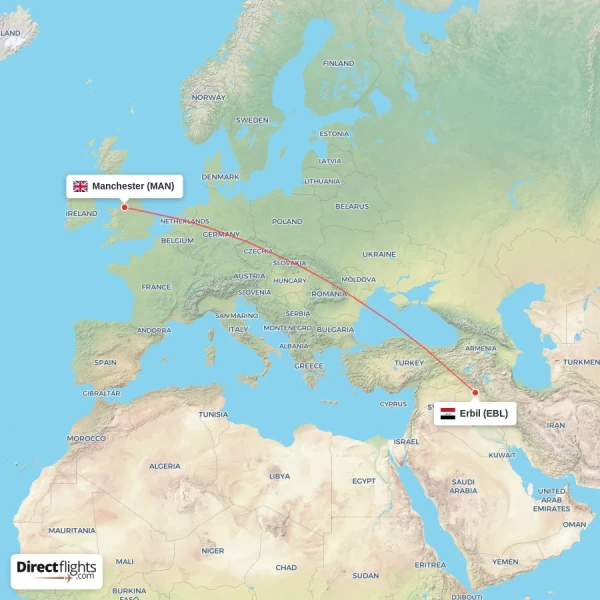 Manchester - Erbil direct flight map