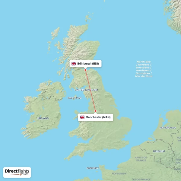 Manchester - Edinburgh direct flight map