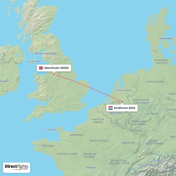 Manchester - Eindhoven direct flight map