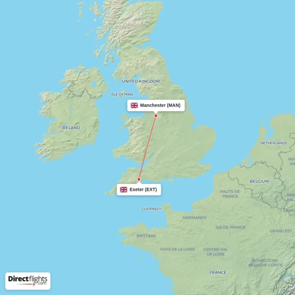 Manchester - Exeter direct flight map