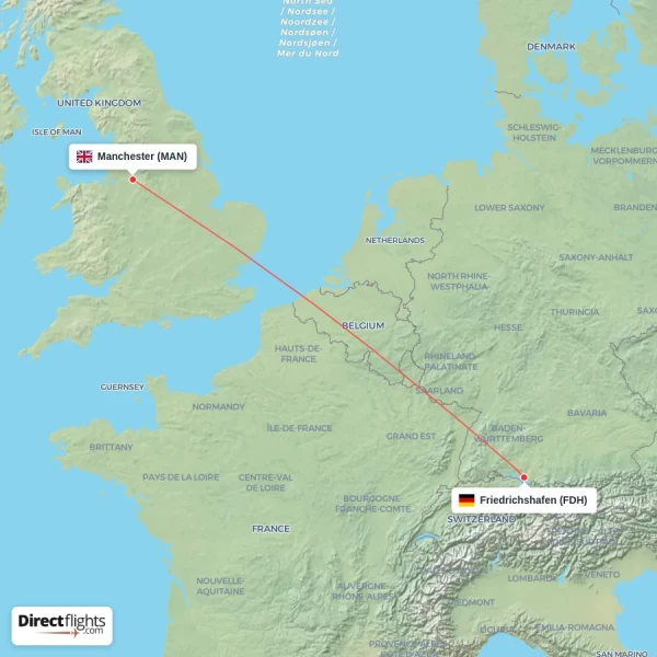 Manchester - Friedrichshafen direct flight map