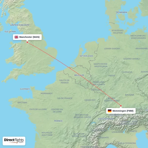 Manchester - Memmingen direct flight map