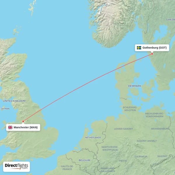 Manchester - Gothenburg direct flight map