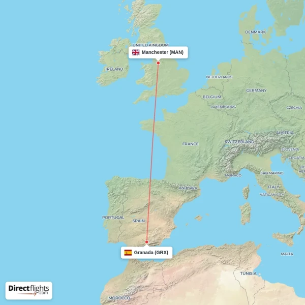 Manchester - Granada direct flight map