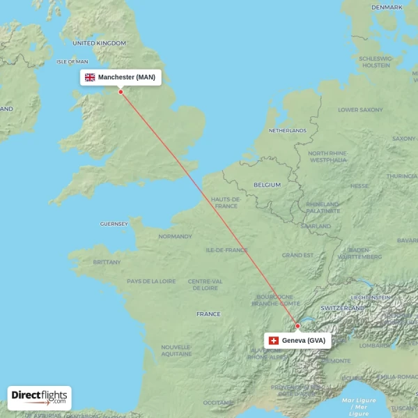 Manchester - Geneva direct flight map