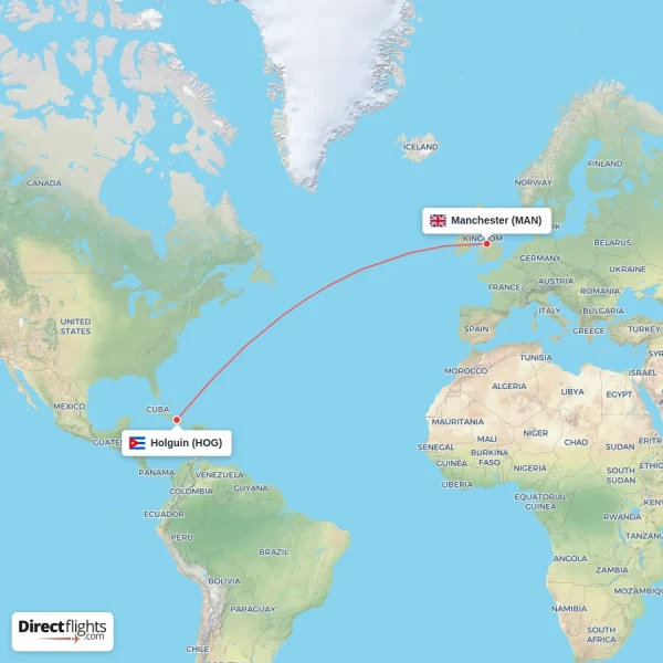 Manchester - Holguin direct flight map