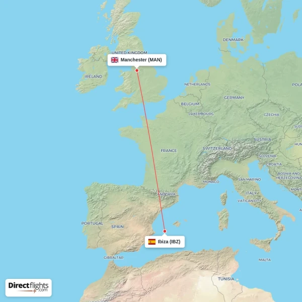 Manchester - Ibiza direct flight map