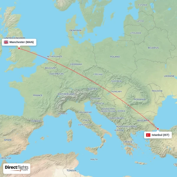 Manchester - Istanbul direct flight map