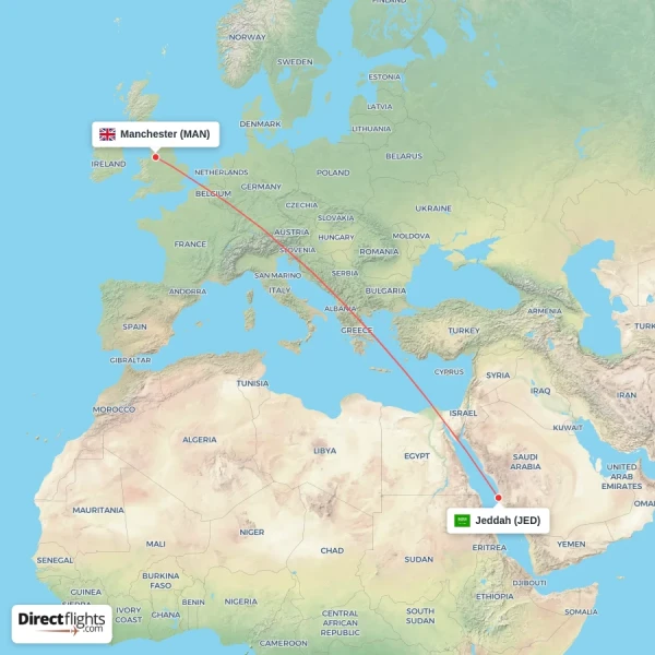 Manchester - Jeddah direct flight map