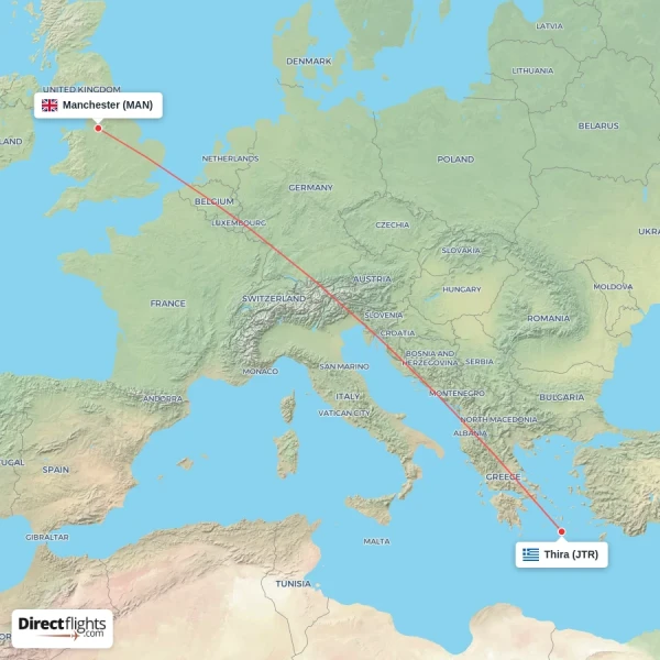 Manchester - Thira direct flight map