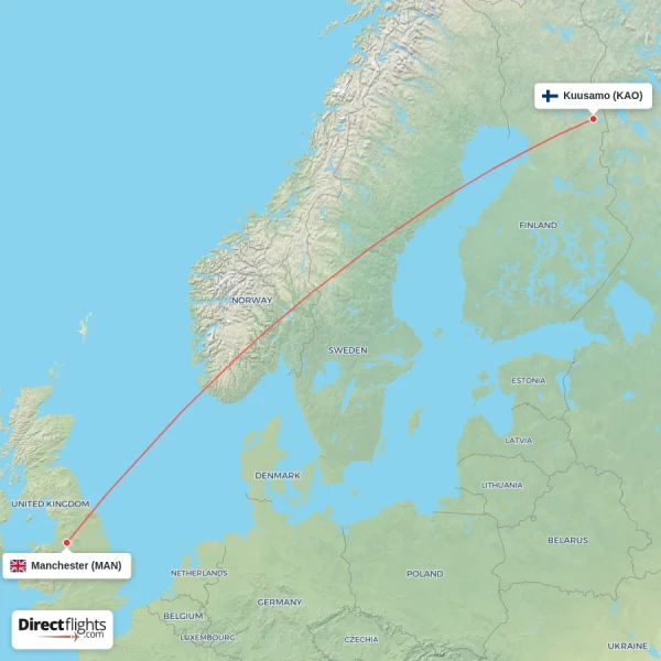 Manchester - Kuusamo direct flight map