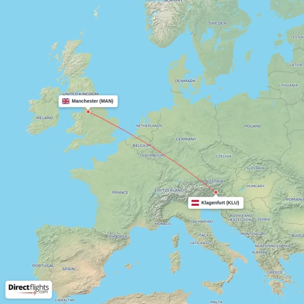 Manchester - Klagenfurt direct flight map