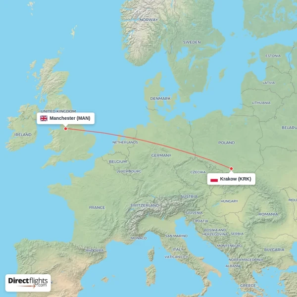 Manchester - Krakow direct flight map