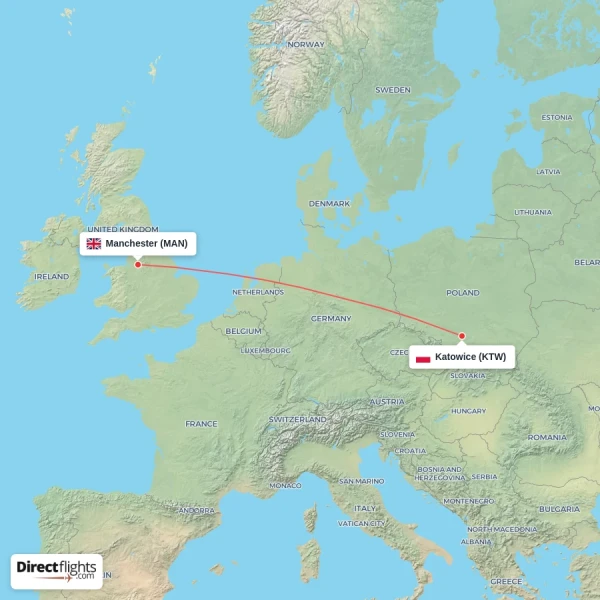 Manchester - Katowice direct flight map