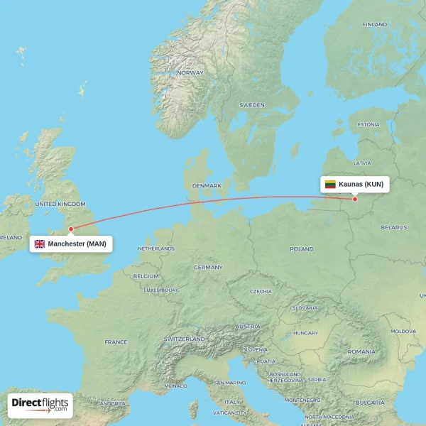 Manchester - Kaunas direct flight map