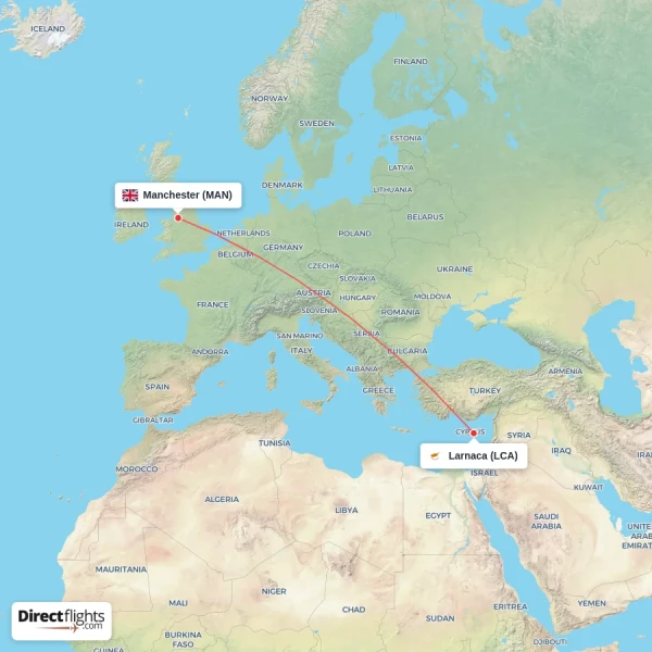 Manchester - Larnaca direct flight map