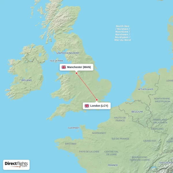 Manchester - London direct flight map