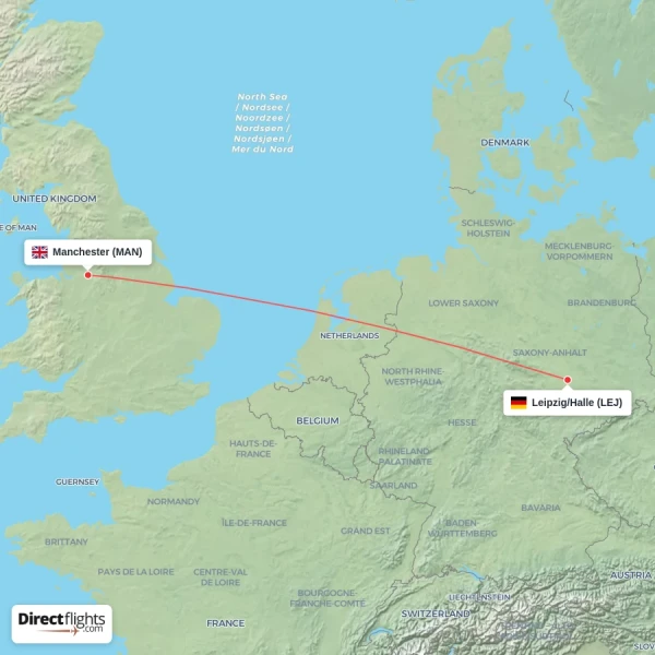 Manchester - Leipzig/Halle direct flight map