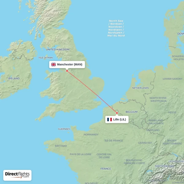Manchester - Lille direct flight map