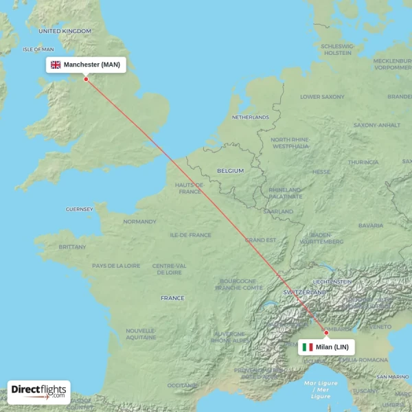 Manchester - Milan direct flight map