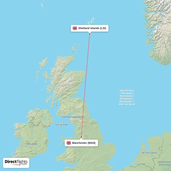 Manchester - Shetland Islands direct flight map