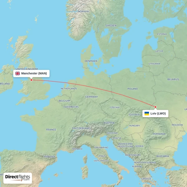 Manchester - Lviv direct flight map